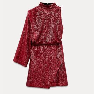 Zara ASYMMETRIC SEQUIN MINI DRESSRed SIZE L
